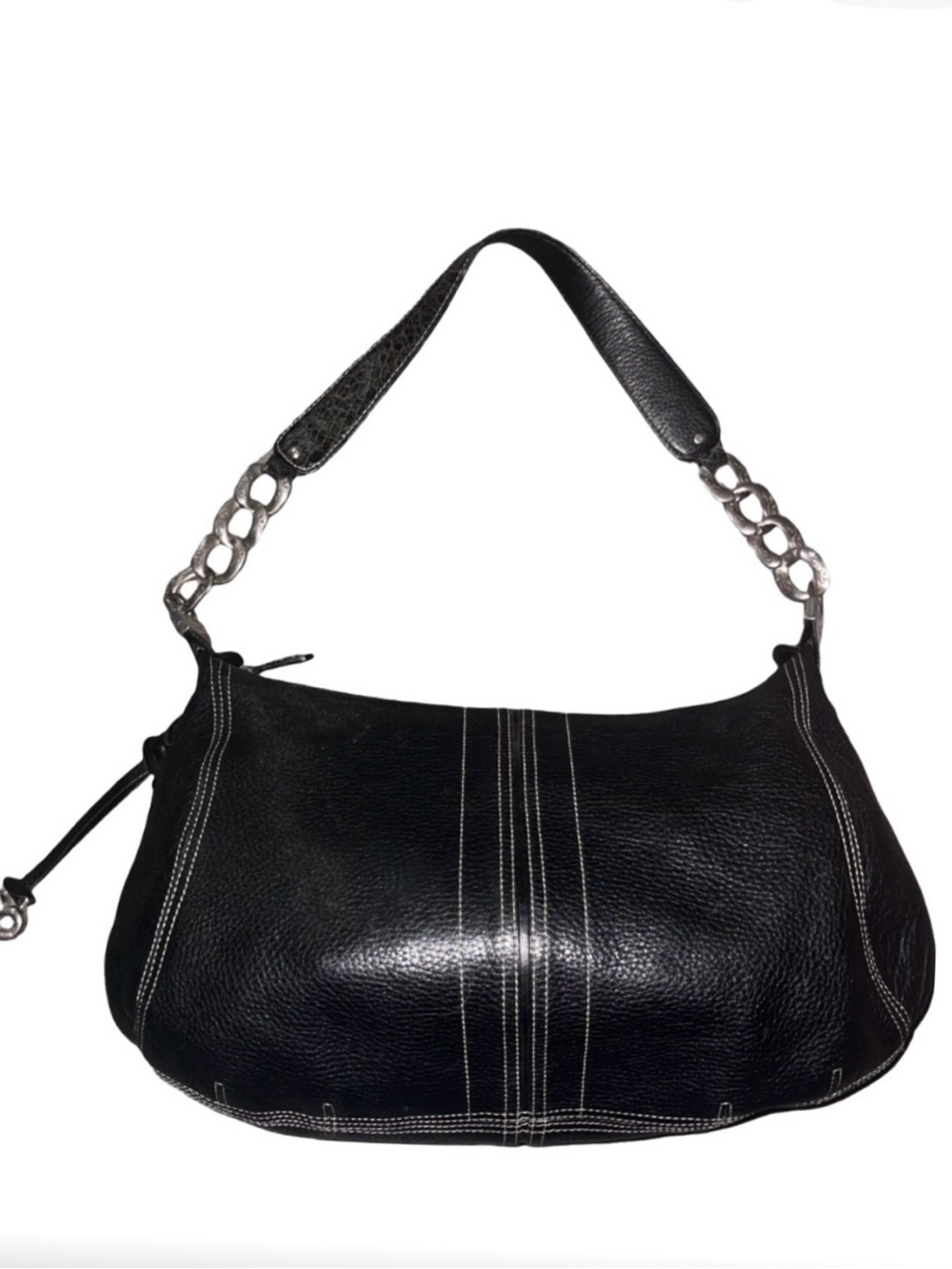 BRIGHTON Black Leather Hobo Shoulder Bag with Silver Hardware